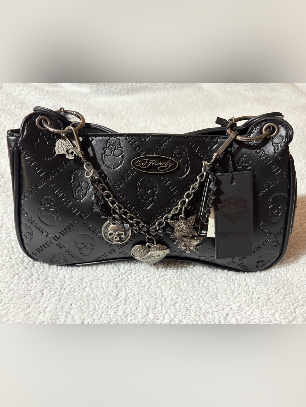 Ed Hardy Black Mini Shoulder Bag with Silver Charm Chain